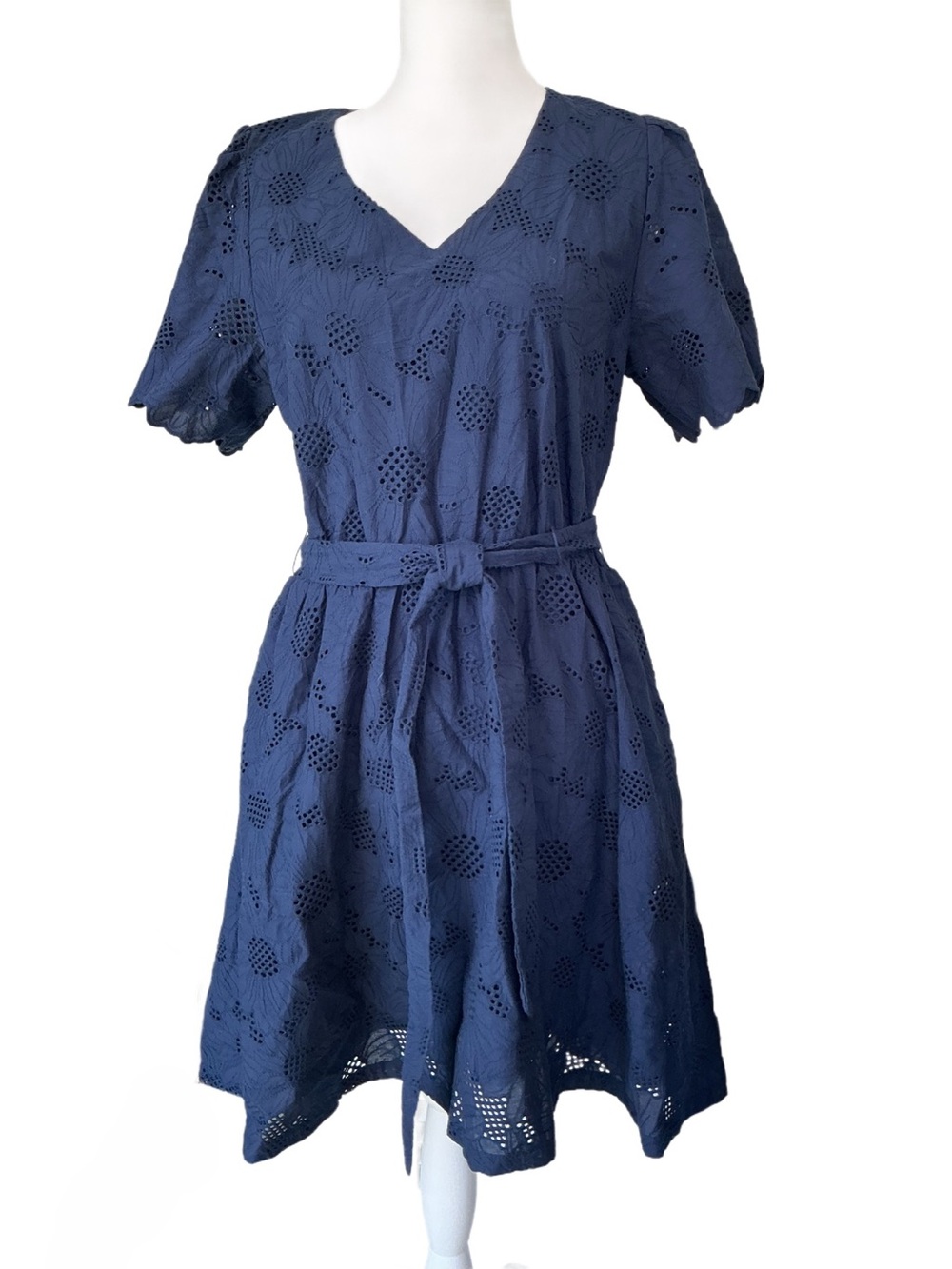 Draper James Navy Eyelet V‑Neck Belted Midi Dress